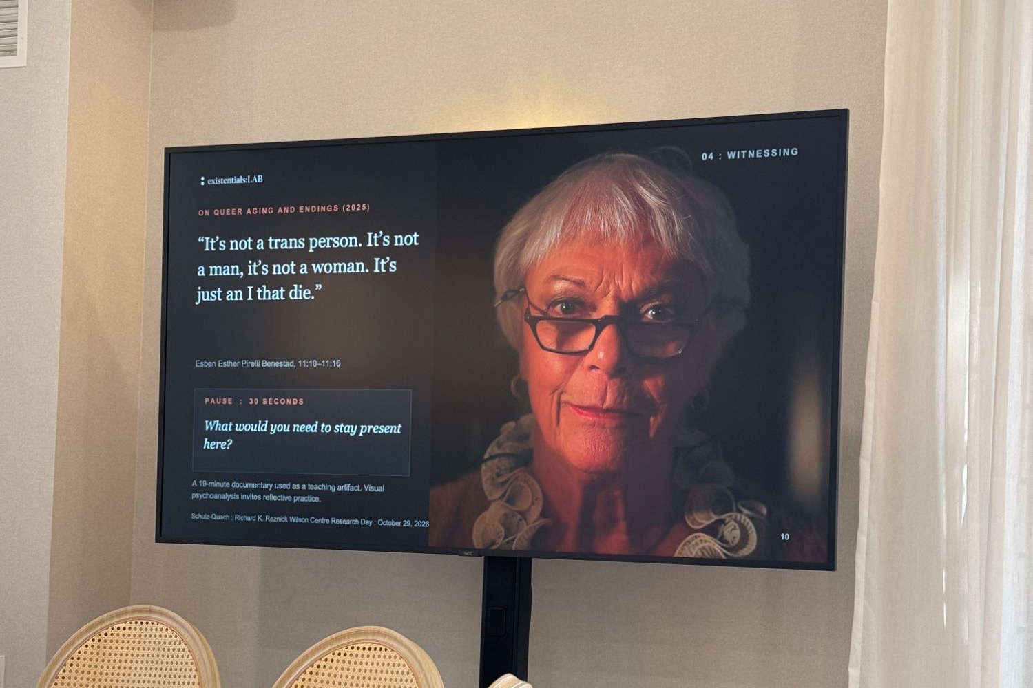A slide pairing a portrait of Esben Esther Pirelli Benestad with a quotation from the film and a 30-second pause for reflection.
